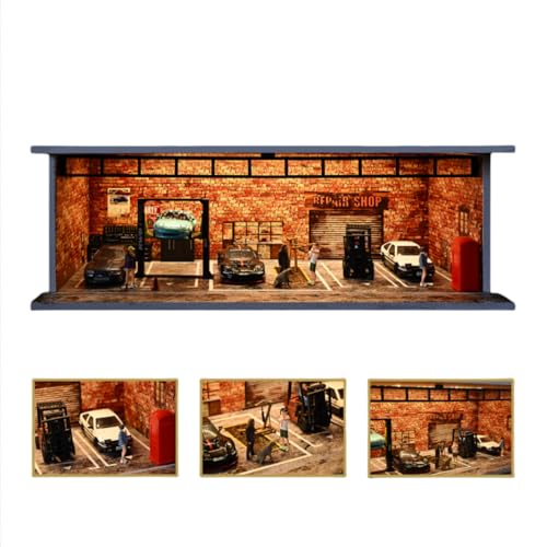 1/64 Diorama Garage Modell, mit Lichit Auto Showroom Parkplatz Szene Modell, 1/64 Skala Diecast Garage Display Case, für Hot Wheels Modell Auto, Modell Sammlung Geschenk (Vintage) von NUEIOVRW