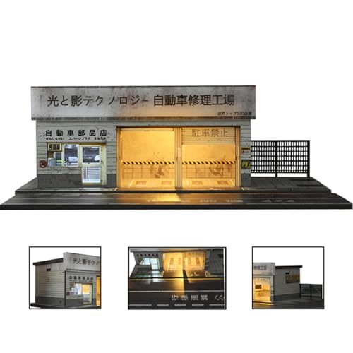 NUEIOVRW 1/64 Diorama Garage Modell, LED-Beleuchtung Japanisch Parkplatz Szene Modell Vitrine, Diecast Auto Garage Display Case, Modellautos Szene Vitrine, Sammlung Geschenk (Repair Shop) von NUEIOVRW