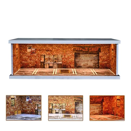 NUEIOVRW 1:43 Diorama Garage Modell, Dreifarbige Beleuchtung Modellautos Vitrine, Stadt Parkplatz Szene Display Case, Diecast-Garage mit Einstellbarer Helligkeit, Showroom Modell (Red Brick) von NUEIOVRW