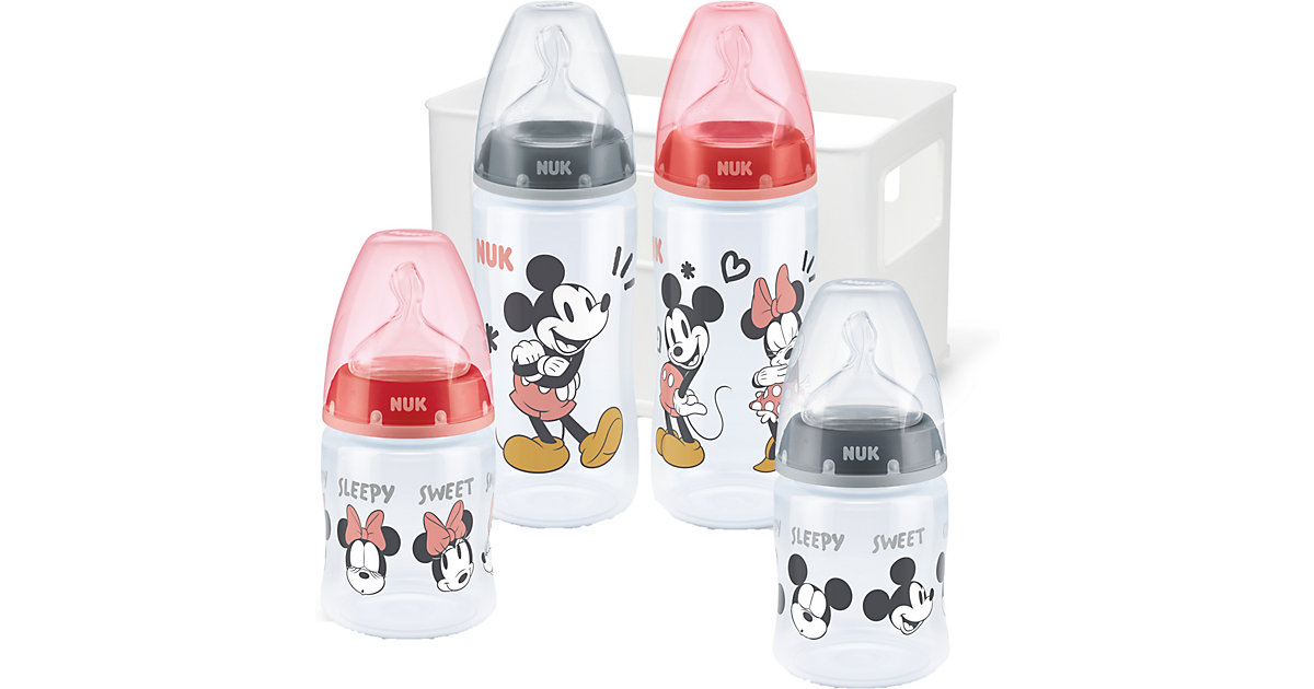 NUK Disney Mickey Mouse First Choice+ Starter Set mit Temperature Control, Flaschenbox mit 4 Babyflaschen, 0-6 Monate, BPA frei, rot & grau grau/rot von NUK