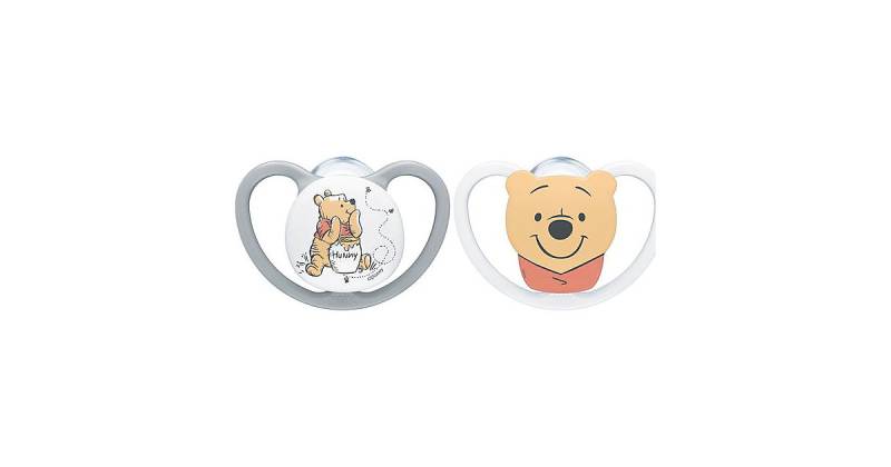 NUK Disney Winnie Puuh Space Silikon-Schnuller, kiefergerechte Form, Gr. 2, 6-18 Monate, 2 Stück, Grau & Weiß braun/weiß von NUK
