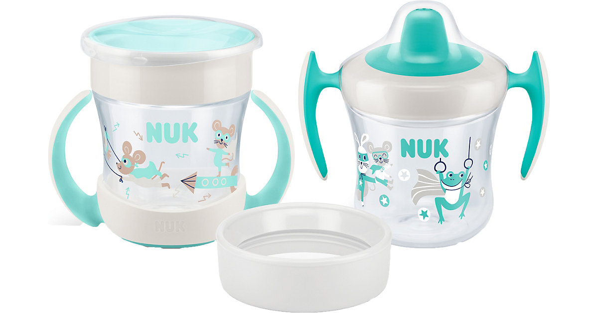 NUK Mini Cups 3in1, 1x NUK Mini Trainer Cup, 1x NUK Mini Magic Cup, 1x NUK Trinkrand, 160ml, ab 6 Monaten, mint & türkis von NUK