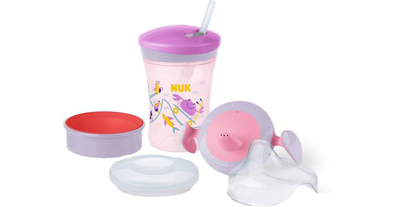 NUK Trinklernset 230ml, Geschenkbox mit unterschiedlichen Trinkaufsätzen, auslaufsicher, ab 6 Monaten, lila & rosa von NUK