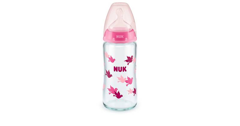 NUK First Choice+ Glas-Babyflasche mit Temperature Control, kiefergerechter Trinksauger, 240ml, 0-6 Monate, rosa pink von NUK