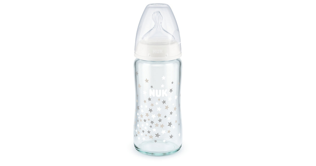 NUK First Choice+ Glas-Babyflasche mit Temperature Control, kiefergerechter Trinksauger, 240ml, 0-6 Monate, weiß transparent von NUK