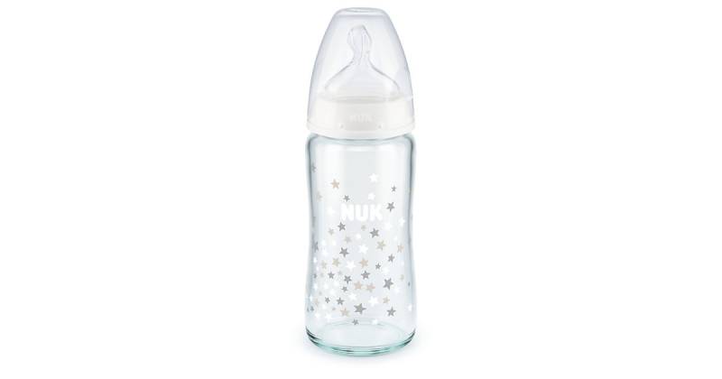 NUK First Choice+ Glas-Babyflasche mit Temperature Control, kiefergerechter Trinksauger, 240ml, 0-6 Monate, weiß transparent von NUK