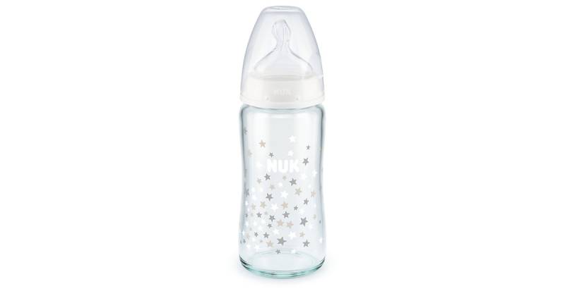 NUK First Choice+ Glas-Babyflasche mit Temperature Control, kiefergerechter Trinksauger, 240ml, 0-6 Monate, weiß transparent von NUK