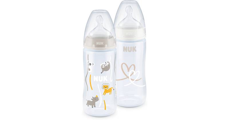 NUK First Choice+ Twin Set mit Temperature Control, kiefergerechter Trinksauger, 2x 300ml Flaschen, 0-6 Monate, beige & weiß beige/weiß von NUK
