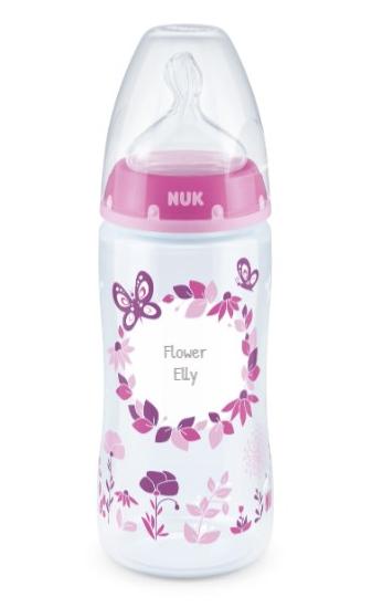 NUK First Choice Plus Babyflasche mit Gravur "Blumen" mit Trinksauger 6-18 Monate M von NUK