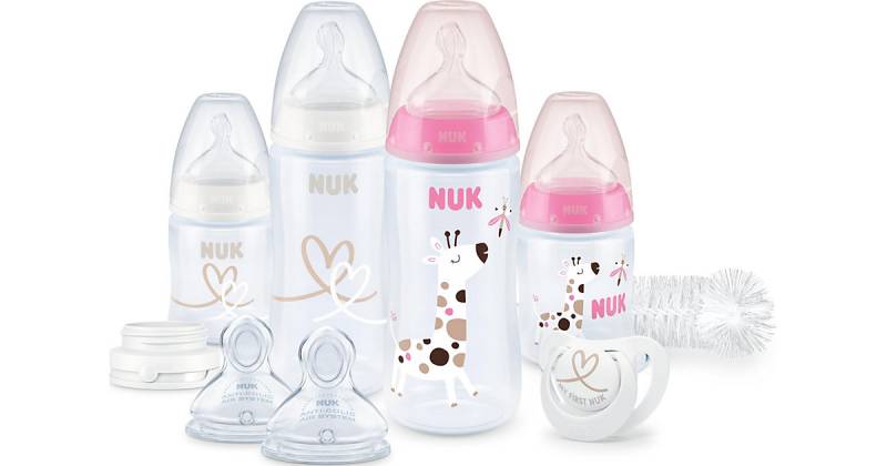 NUK First Choice+ Perfect Start Set PP mit Temperature Control Anzeige, Erstausstattung mit First Choice+ Babyflaschen, 0-6 Monate, weiß & rosa von NUK