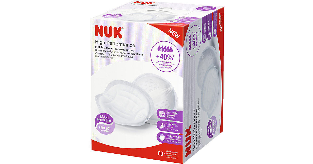 NUK High Performance Stilleinlagen mit Sofort-Saugvlies, sicherer Schutz Haut und Kleidung, starke Saugkraft, körpergerechte Passform, hautfreundlich, 60er Packung weiß Kinder NUK High Performance Stilleinlagen mit Sofort-Saugvlies, sicherer Schutz Haut und Kleidung, starke Saugkraft, körpergerechte Passform, hautfreundlich, 60er Packung weiß Kinder von NUK