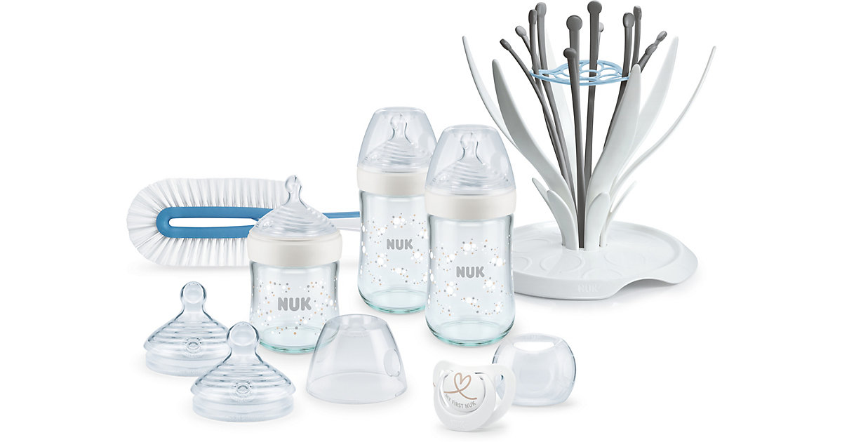 NUK Nature Sense Glasflaschen Set, Nature Sense Babyflaschen mit Temperature Control Anzeige, Trinksauger, Flaschenbürste, Multi Dry und Genius Schnuller von NUK