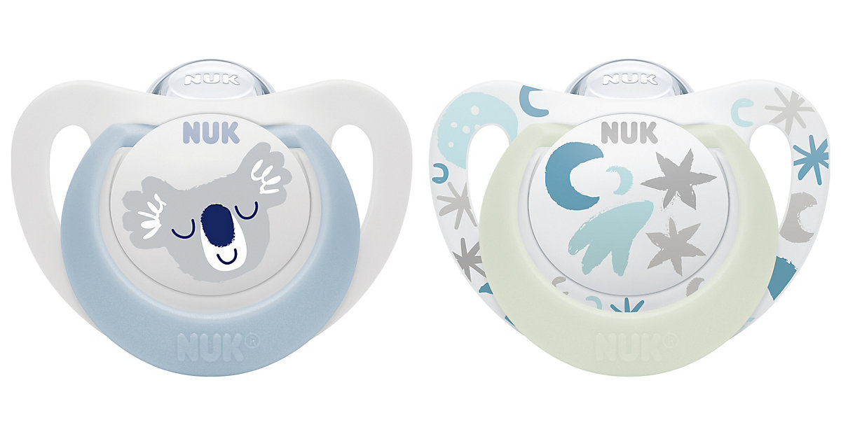 NUK Star Day & Night Silikon-Schnuller, kiefergerecht, 0-6 Monate, 2 Stück, blau & weiß Gr. 1 NUK Star Day & Night Silikon-Schnuller, kiefergerecht, 0-6 Monate, 2 Stück, blau & weiß Gr. 1 von NUK