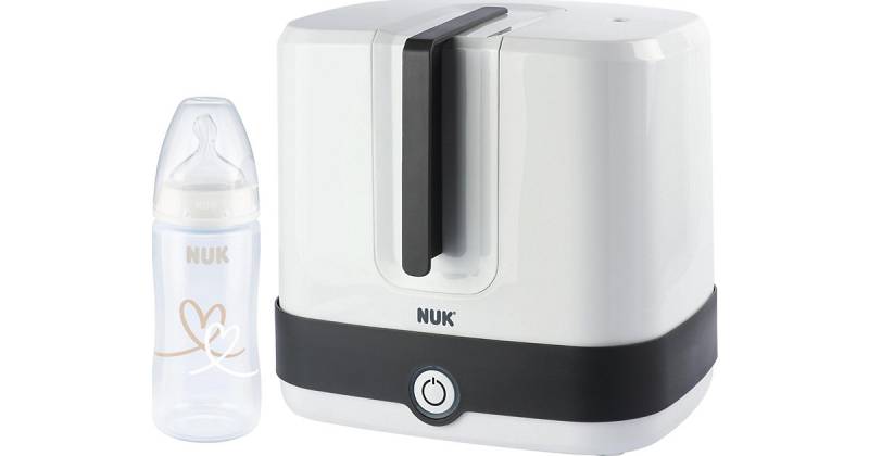 NUK Vario Express Dampf-Sterilisator, bis zu 6 Flaschen und Zubehör, desinfiziert schnell und sicher innerhalb von 6 Minuten, inklusive 1x 300ml NUK First Choice+ Babyflasche mit Temperature Con schwarz/weiß  Kinder von NUK