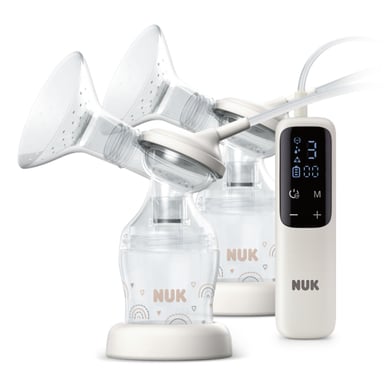 NUK elektrische Doppelmilchpumpe Soft & Easy mit Akku und weicgen Brustaufsätzen inkl. Babyflasche Perfect Match 150ml von NUK