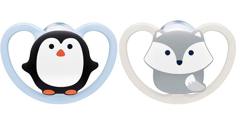 NUK Space Silikon-Schnuller, kiefergerechte Form, 0-6 Monate, 2 Stück, Pinguin & Fuchs blau/weiß Gr. 1 von NUK