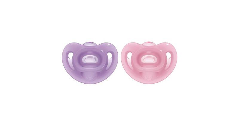 NUK Sensitive Schnuller, aus 100% weichem Silikon, kiefergerechte Form, 0-6 Monate, 2 Stück, lila & rosa rosa/lila von NUK
