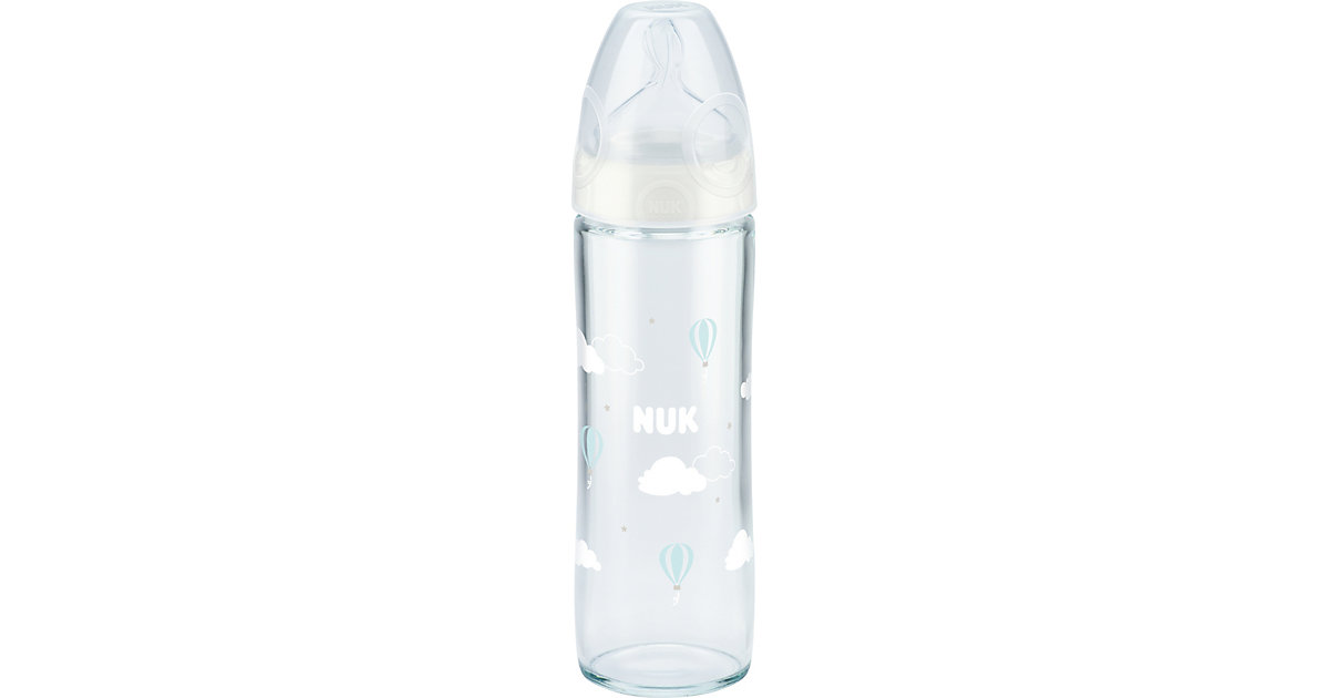 NUK New Classic Glas-Babyflasche, schmaler Flaschenkörper, mit NUK First Choice+ Trinksauger Größe 1M (0 – 6 Monate), 240ml weiß von NUK
