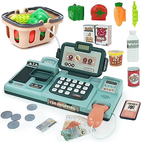 Elektronische Kasse Spielzeug Supermarkt Registrierkasse mit Scanner,Sound, Essen,Einkaufskorb,Kreditkarten-Geschenk für Mädchen Jungen ab 3 Jahre (Blue),33 * 15 * 16 cm von NUKied