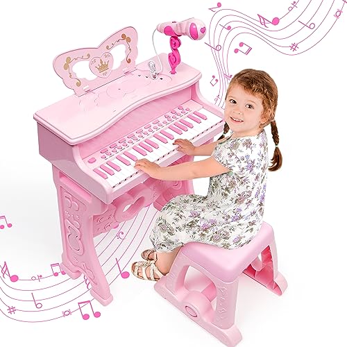 Kinder Klavier Piano-Elektronisches Musikinstrument mit 37 Tasten für Mädchen,Geschenk,Pädagogisches Musikspielzeug mit Abnehmbaren Beinen,Mikrofon,Mehreren Musikmodi,Licht,Hocker(ROSA) von NUKied