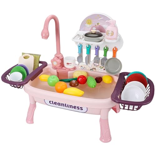 Kinder Spielküche mit Wasserhahn, Geschirr und Spielzeug-Lebensmitteln, Rosa, Spülbecken mit Abtropfkörben von NUKied