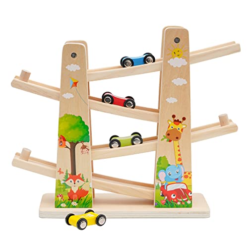 Kugelbahn Holz,Premium Holzspielzeug mit 4 Autos,Autorennbahn Holz Spielzeug für Jungen Geschenke Geburtstagsgeschenke,Rennbahn Lernspielzeug Geschenk für Kinder über 18 Monate von NUKied