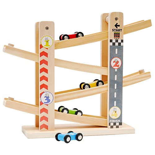 NUKied Kugelbahn Holz,Premium Holzspielzeug mit 4 Autos,Autorennbahn Holz Spielzeug für Jungen Geschenke Geburtstagsgeschenke,Rennbahn Lernspielzeug Geschenk für Kinder über 18 Monate von NUKied