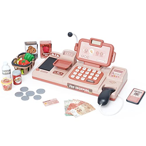 Elektronische Kasse Spielzeug Supermarkt Registrierkasse mit Scanner ,Laufband,Sound , Essen,Einkaufskorb, Kreditkarten-Geschenk für Mädchen Jungen ab 3 6 Jahre (Rosa), 33*15*16 cm von NUKied