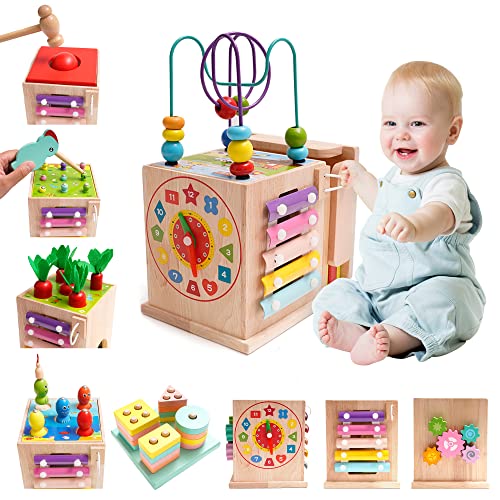 NUKied Motorikspielzeug ab 1 Jahr,9 In 1 Holzspielzeug Baby,Baby Sortier & Stapelspielzeug,Motorikspielzeug Angelspiel Hammerspiel für Jungen und Mädchen Lernspielzeug Geschenk Baby 1 2 3 4 5 Jahre von NUKied