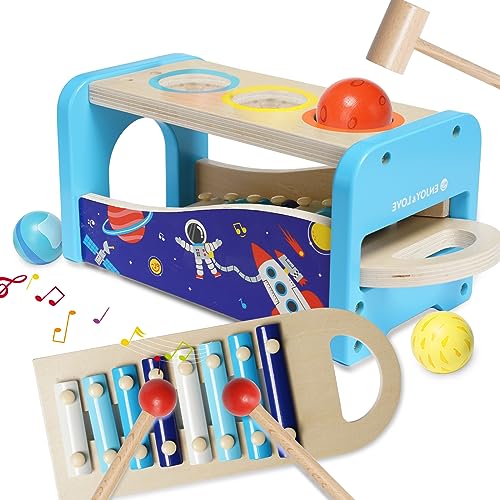 NUKied Xylophon und Hammerspiel Spielzeug Holz|Montessori Pädagogische Baby Spielzeug ab 1 Jahr|Multifunktional Musikspielzeug fur Kinder Baby 1 2 3 Jahre（Weltraumthema） von NUKied