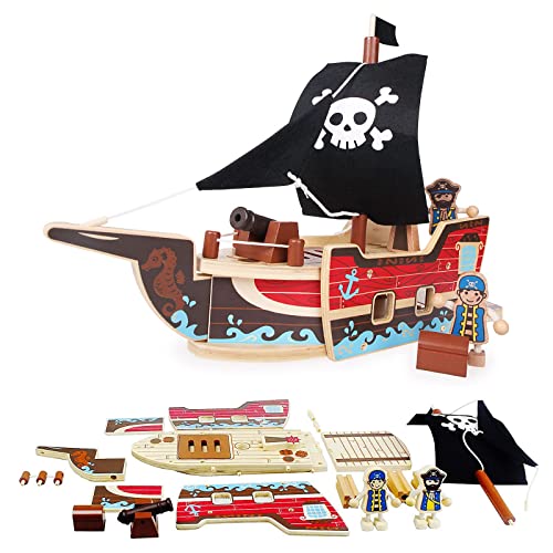 NUKied Montessori Spielzeug 3 Jahre,Pädagogisches DIY Piratenschiff Spielzeug aus Holz,Kinderspielzeug ab 2 Jahre,31 Teiliges Gebäude Spielset,Geschenk für Jungen und Mädchen ab 2 3 4 5 6 Jahre von NUKied