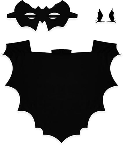 NULIYA Fledermausflügel Vampirkostüm 3er Set, Fledermausmaske, Vampirumhang, Kopfbedeckung, Schwarzes Halloween Kostüm für Kinder 6-13, Karneval (100) von NULIYA