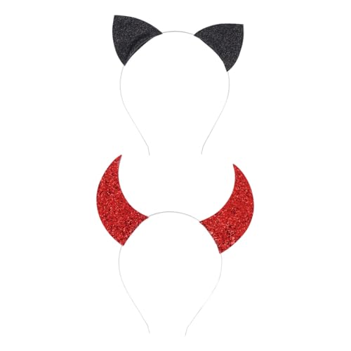 NULYLU 2 Teiliges Stirnband Set Für Halloween Kostüm Kopfschmuck Katzenhaar Teufelsohren Stirnband Damen Kopfband Kopfschmuck von NULYLU