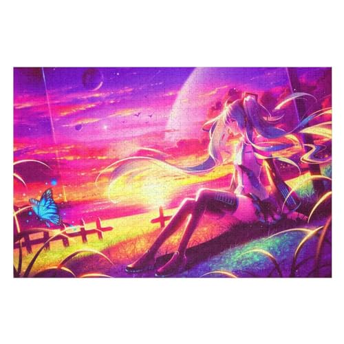 Challenging Games Moderne Lernspiel Stress Relief ，1000 StüCk，Hatsune Miku, Long Hair Anime Girl Sitting at Beach Sunset Butterfly，Lernspielzeug FüR Kinder Holz 75x50 von NUNETH