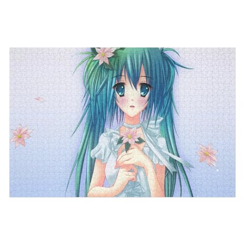 Klassische Puzzle für Erwachsene Teenager Freizeit Spaß Spiel Spielzeug Geeignet，Hatsune Miku Beautiful Blue Hair Girl Flowers，Lernspielzeug FüR Kinder Holz 75x50 von NUNETH