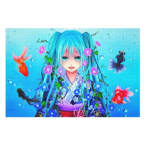 Klassische Puzzle für Erwachsene Teenager Freizeit Spaß Spiel Spielzeug Geeignet，Hatsune Miku Blue Hair Girl Fish Water Flowers，Lernspielzeug FüR Kinder Papier 52x38 von NUNETH