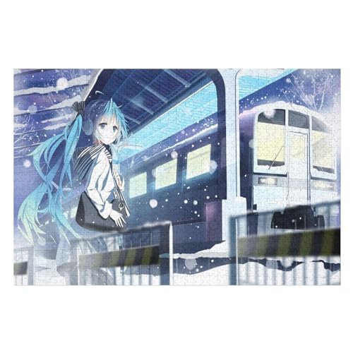 Puzzle für Erwachsene und Kinder ab 14 Jahren, 1000 StüCk，Blue Hair Anime Gir Hatsune Miku Train Station，Lernspielzeug FüR Kinder Holz 75x50 von NUNETH