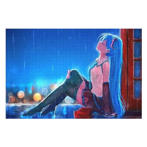 Puzzle für Erwachsene und Kinder ab 14 Jahren, 1000 StüCk，Hatsune Miku Sadness Anime Girl in rain，Lernspielzeug FüR Kinder Papier 70x50 von NUNETH