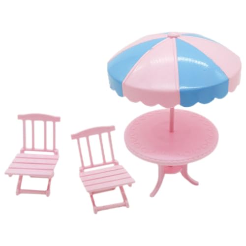 NUOBESTY 1 Set Puppenhaus-Strandschirm-Tisch Und Stuhl Rosa Mini-Strandstuhl-Tisch Miniatur-Strandmöbel Zubehör Puppenhaus-Ornament von NUOBESTY