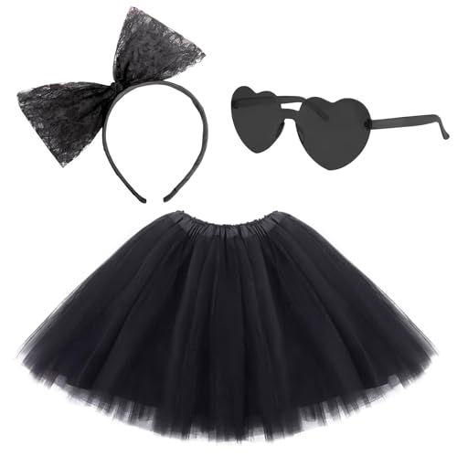 NUOGUAYI 3 Stück Karneval Kostüm Damen mit Karneval Tüllrock Damen,Schleife Haarreif, Fasching Herzbrille, für Frauen Mädchen Cosplay Halloween Karneval Kostüm Zubehör (Schwarz) von NUOGUAYI