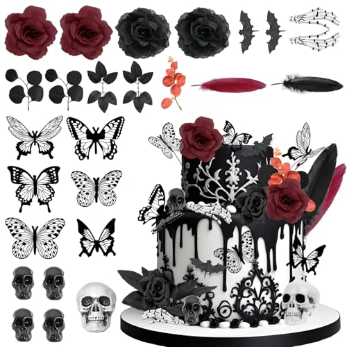 Halloween Tortendeko, Gotisch Kuchen Deko, Cupcake Topper, Horror Tortendeko, Schwarz Gotisch Deko, Totenkopf Tortendekoration, Kuchendekoration, für Halloween Party Deko von NUOGUAYI