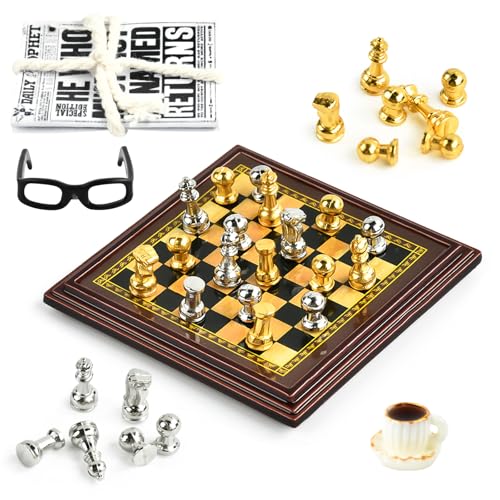 Miniatur Schach, Miniatur Puppenhaus Zubehör, Schachspiel Puppenhaus, Puppenhaus Bierkrug, Miniatur Schachbrett Puppenhaus Zubehör Weihnachten, Geeignet zum Dekorieren von Puppenhäusern (A) von NUOGUAYI