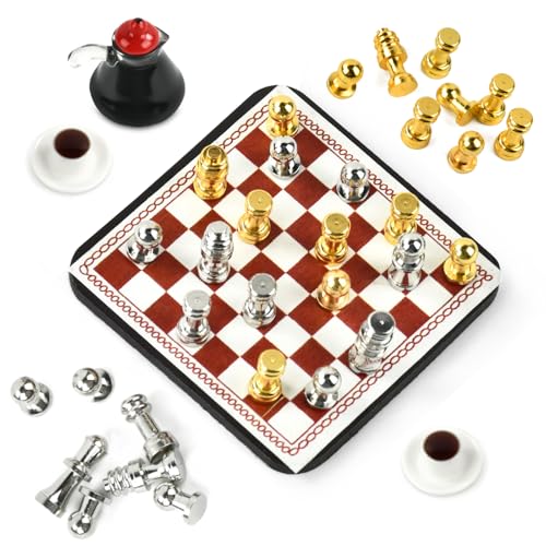 Miniatur Schach, Miniatur Puppenhaus Zubehör, Schachspiel Puppenhaus, Puppenhaus Bierkrug, Miniatur Schachbrett Puppenhaus Zubehör Weihnachten, Geeignet zum Dekorieren von Puppenhäusern (B) von NUOGUAYI