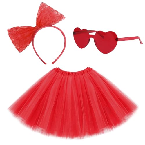 NUOGUAYI 3 Stück Karneval Kostüm Damen mit Karneval Tüllrock Damen,Schleife Haarreif, Fasching Herzbrille, für Frauen Mädchen Cosplay Halloween Karneval Kostüm Zubehör (Rot) von NUOGUAYI