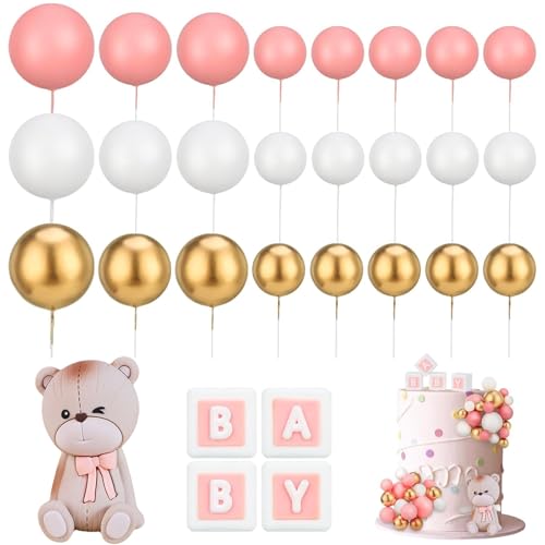 Tortendeko Kugeln, 29 Stück Baby Dusche Kuchen Dekorationen, Bär Kuchen Deko, BABY-Buchstabe Topper, Teddybär Kuchen Dekoration, für Mädchen Junge Geburtstag Babyparty, Hochzeit,Geburtstag (A) von NUOGUAYI
