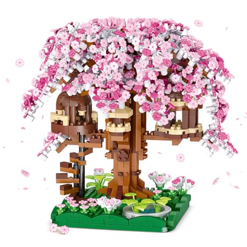 Lila Kirschblüte Baumhaus, Mini Kirschblüte Baumhaus Bonsai Baum Bausteine Set, 1109 Teile Mikro Klemmbausteine Sakura Bonsai Baum Set, für Kinder Ab 14 Jahren oder Erwachsene von NUOJIAYING