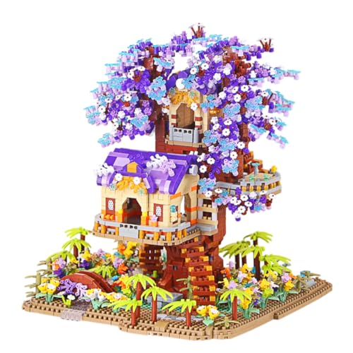 Lila Kirschblüte Baumhaus, Mini Kirschblüte Baumhaus Bonsai Baum Bausteine Set, 3049 Teile Mikro Klemmbausteine Sakura Bonsai Baum Set, für Kinder Ab 14 Jahren oder Erwachsene von NUOJIAYING