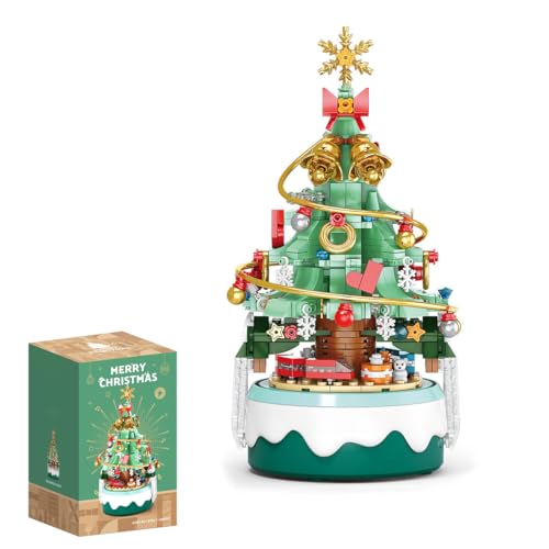 NUOJIAYING Weihnachtsbaum Bausteine Set, Weihnachten Spieluhr Modell kit mit LED Licht, Bausteine Rotierende Spieluhr Set, Kreatives Weihnachts Geschenk für Jungen & Mädchen(418PCS) (Grün) von NUOJIAYING