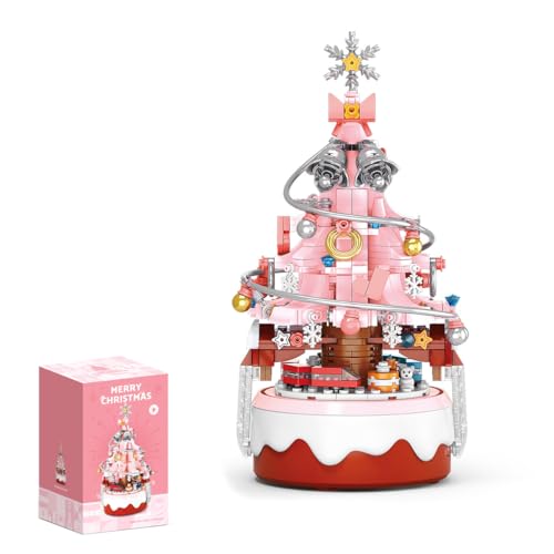 NUOJIAYING Weihnachtsbaum Bausteine Set, Weihnachten Spieluhr Modell kit mit LED Licht, Bausteine Rotierende Spieluhr Set, Kreatives Weihnachts Geschenk für Jungen & Mädchen(418PCS) (Rosa) von NUOJIAYING