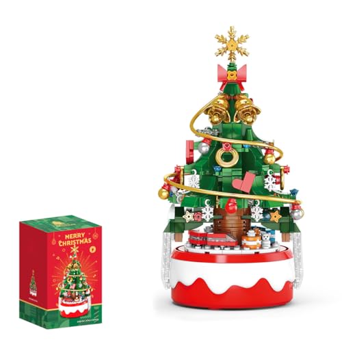 NUOJIAYING Weihnachtsbaum Bausteine Set, Weihnachten Spieluhr Modell kit mit LED Licht, Bausteine Rotierende Spieluhr Set, Kreatives Weihnachts Geschenk für Jungen & Mädchen(418PCS) (Rot) von NUOJIAYING